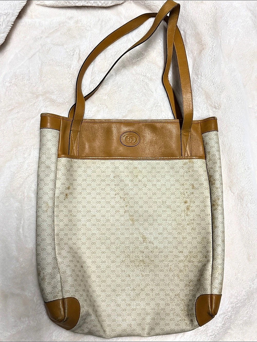 Gucci Monogram Canvas Tote in Beige & Brown